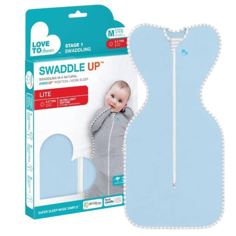 Love To Dream Swaddle Up Medium in light blue, designed for 6-8.5 kg babies, features a unique arms-up design for safer