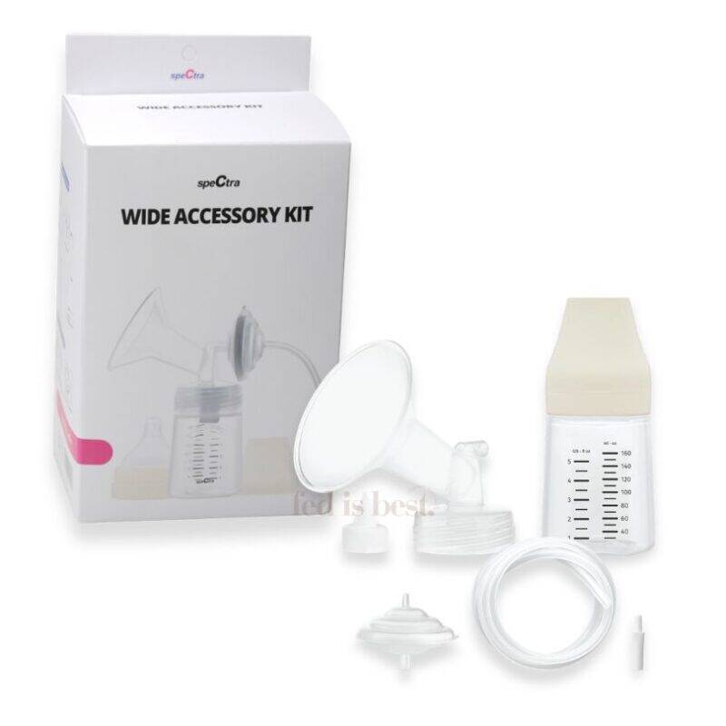 Spectra Accessory Kit includes various sizes (16mm, 20mm, 24mm, 28mm) and a bottle, designed for breastfeeding support.
