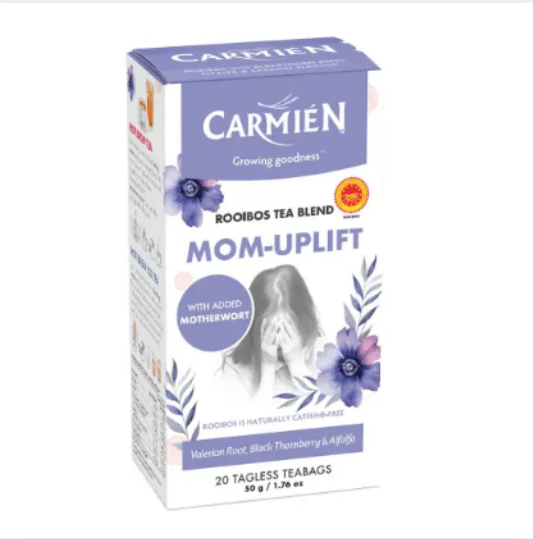 Carmién Mom-Uplift tea blend with Motherwort, 20 tagless teabags, featuring floral design and calming imagery.