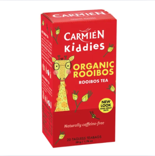Carmién Kiddies Organic Rooibos Tea, red box with a giraffe design, contains 20 caffeine-free teabags.