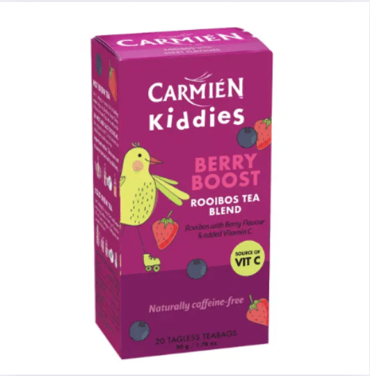Carmién Kiddies Berry Boost Tea, caffeine-free rooibos blend with berry flavor, 20 tagless teabags in colorful packaging.