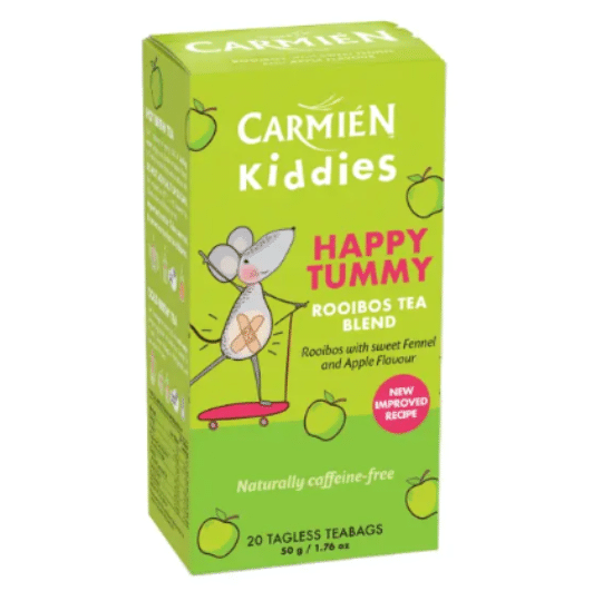 Carmién Kiddies Happy Tummy Tea, 20 teabags, featuring a playful mouse on the box, with rooibos, fennel, and apple flavor.