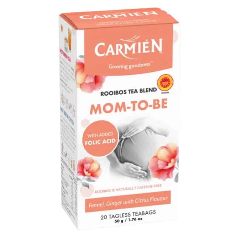 Carmién Mom-To-Be tea blend with folic acid, 20 tagless teabags, featuring fennel, ginger, and citrus flavor.
