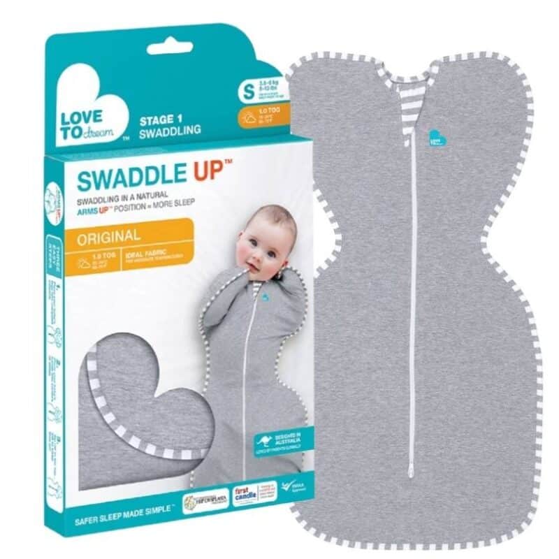 Love To Dream Swaddle Up in Grey, size Small (3.5-6kg), 1.0 tog, features a unique arm-up design for safer sleep.