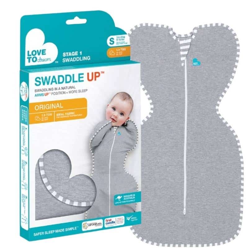 Love To Dream Swaddle Up in Grey, size Small (3.5-6kg), 1.0 tog, features a unique arm-up design for safer sleep.