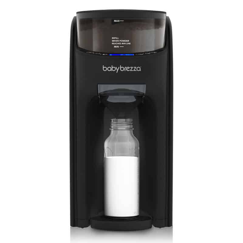 Baby Brezza Formula Pro Advanced Formula Dispenser in black, featuring a clear container for formula and a bottle holder.