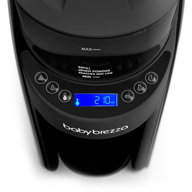 Baby Brezza Formula Pro Advanced in black, featuring a digital display with measurement indicators for precise formula