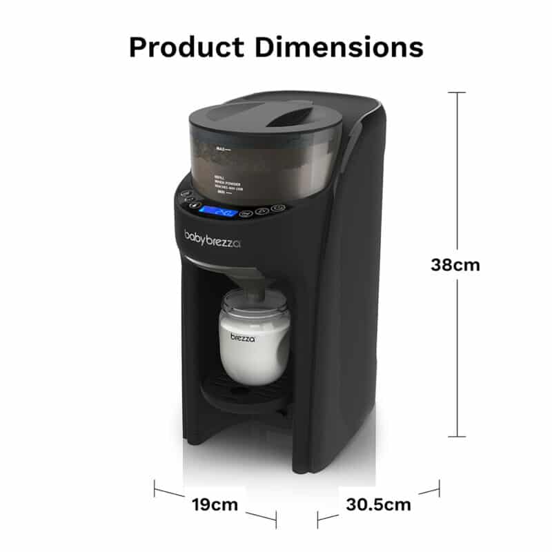 Baby Brezza Formula Pro Advanced Formula Dispenser in black, showcasing dimensions and sleek design for easy formula