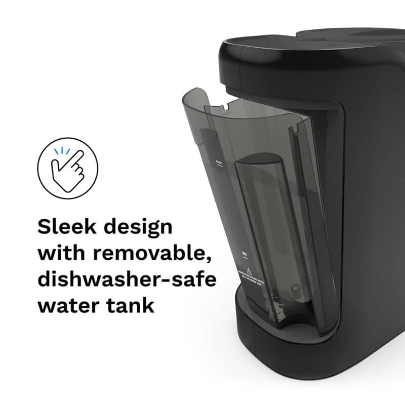 Baby Brezza Formula Pro Advanced in black, featuring a sleek design and a removable, dishwasher-safe water tank.