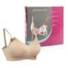 Baby Womb World Hands Free Breast Pump Bra in beige, featuring adjustable straps and a detachable design, next to its
