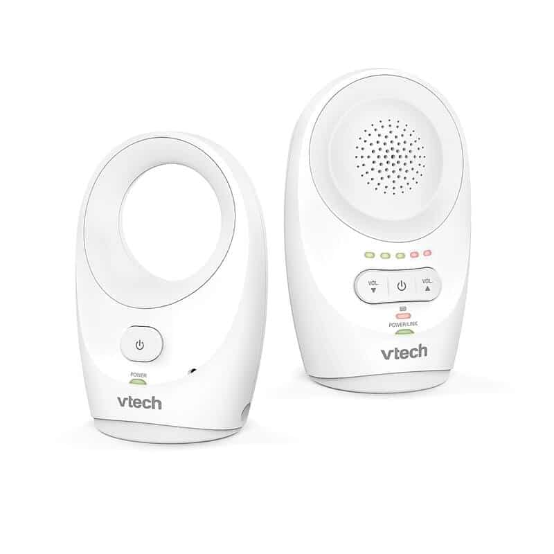 VTech Audio Sound Monitor in white with a sleek design and LED indicators for sound level and power status.