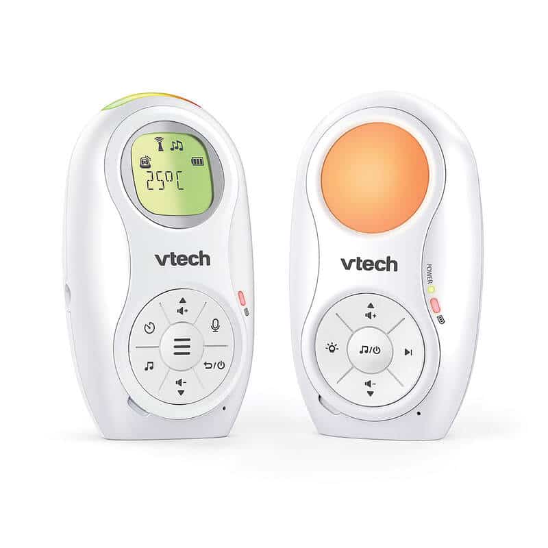 VTech DM1214 audio monitor in white, featuring a digital display and large control buttons for easy use.