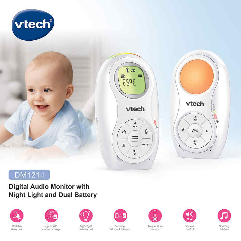 VTech DM1214 Audio Monitor with night light and dual battery, featuring a parent unit and baby unit, shown in a cozy nursery
