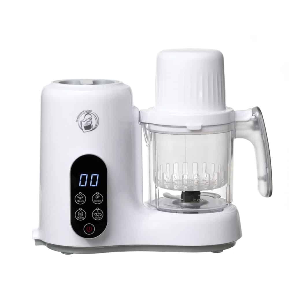 Baby Womb World Baby Food Processor in white with a digital display and a clear blending container.
