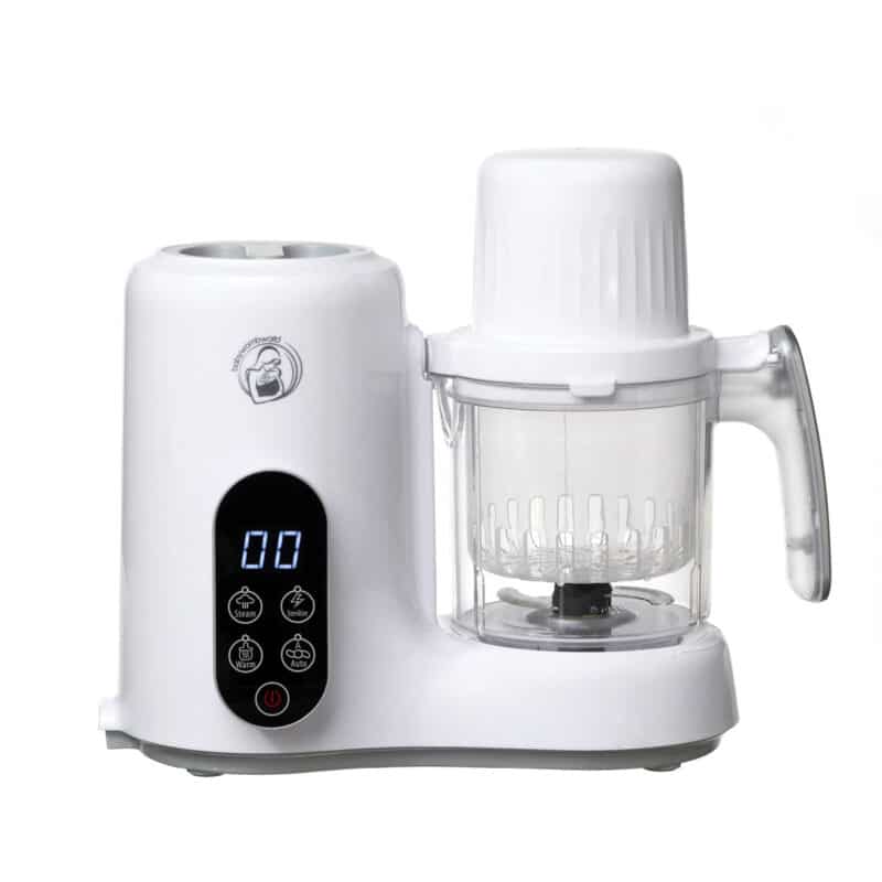 Baby Womb World Baby Food Processor in white with a digital display and a clear blending container.