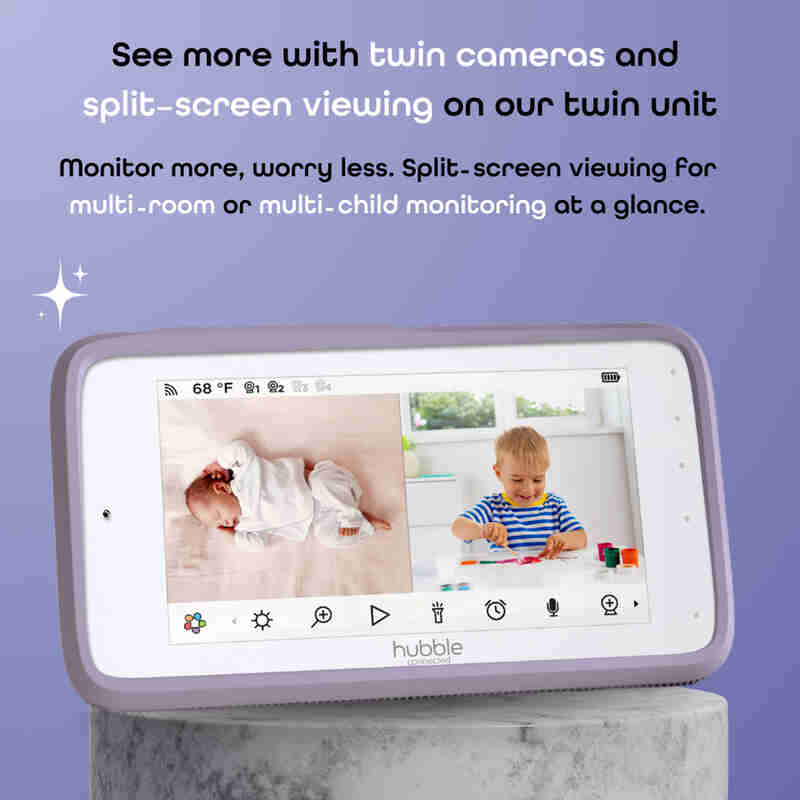 Hubble Skyvision AI Pro WiFi camera and parent unit with split-screen viewing, displaying two children in a cozy home