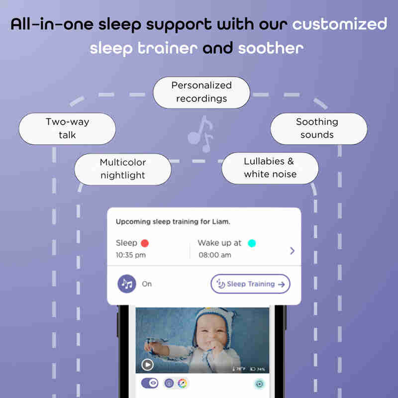Hubble Skyvision AI Pro WiFi camera showing a baby monitor interface with sleep training features and soothing sounds.