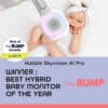 Hubble Skyvision AI Pro baby monitor with a smiling baby, showcasing the monitor's design and award badge for Best Hybrid