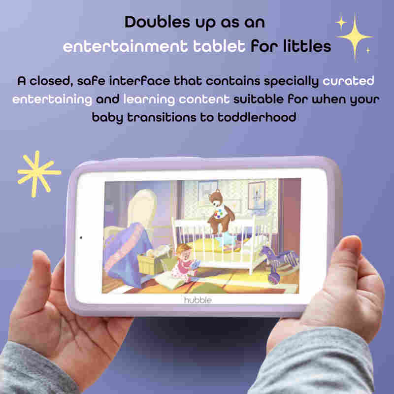 Hubble Skyvision AI Pro WiFi camera shown as an entertainment tablet for toddlers, featuring a colorful, engaging interface.