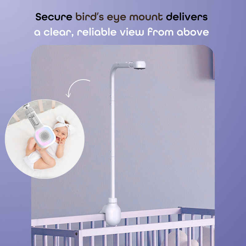 Hubble Skyvision AI Pro WiFi camera mounted above a crib, providing a clear overhead view of a sleeping baby.