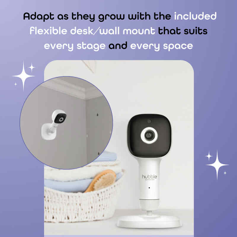 Hubble Skyvision AI Pro camera with flexible desk/wall mount, designed for versatile placement in home safety.