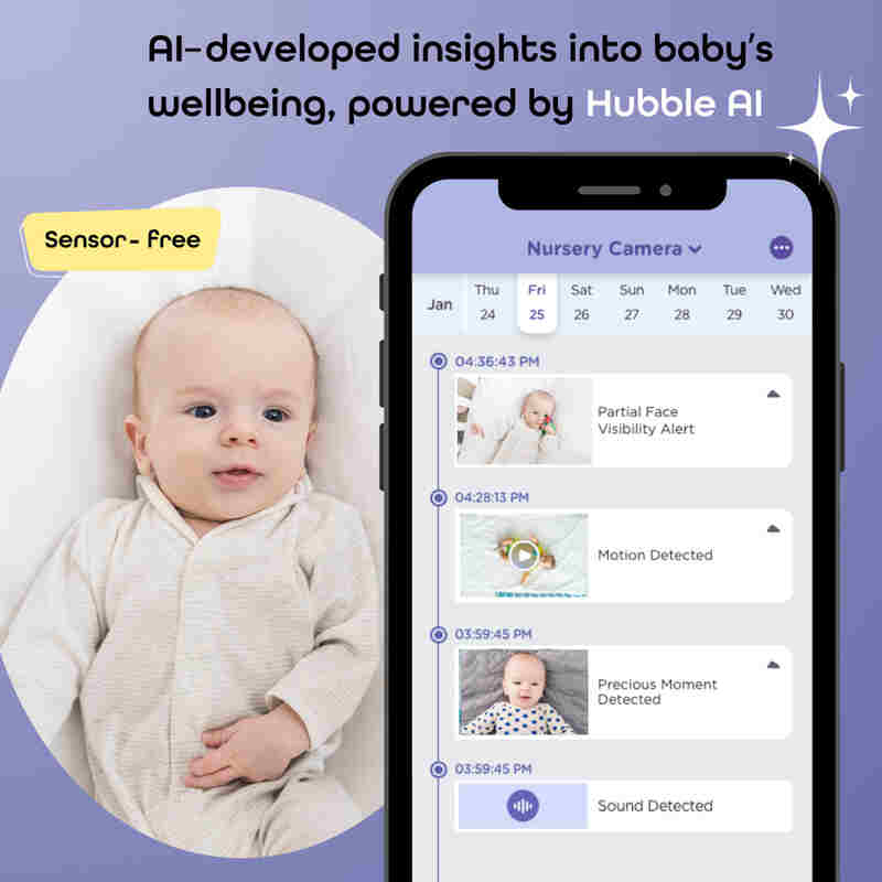 Hubble Skyvision AI Pro app interface displaying baby monitoring alerts and insights on a smartphone screen.
