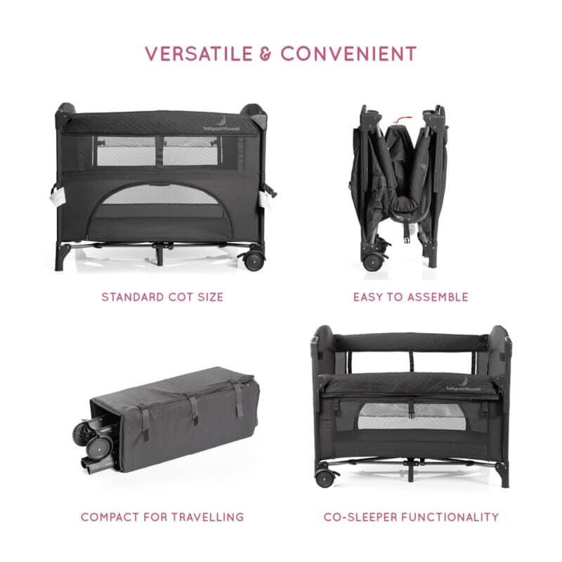Baby Womb World Camping Cot and Co-Sleeper in dark grey, showcasing its compact design and easy assembly features.