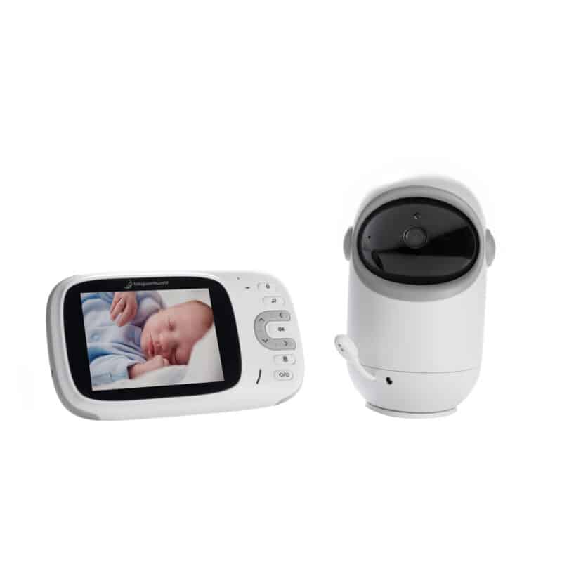 Baby Womb World 802 3.2" Video Baby Monitor featuring a rotating camera and a display unit showing a sleeping baby.