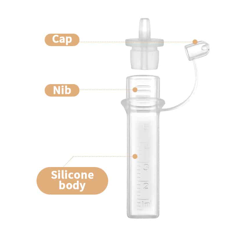 Colostrum Collector by All Things Breastfeeding, featuring a clear silicone body, cap, and nib for easy collection.