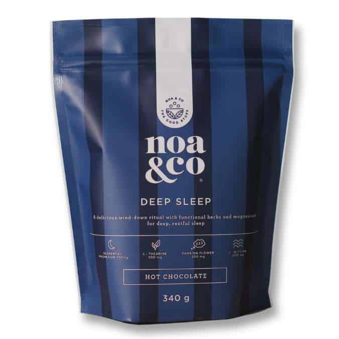 Noa & Co Deep Sleep Hot Chocolate, 340g, in a blue striped pouch, designed for relaxation and restful sleep.