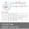 Baby Womb World Hands Free Breast Pump Bra in size chart format, displaying sizes S, M, L, and XL with corresponding