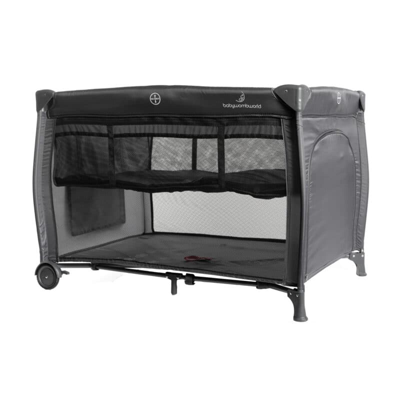 Baby Womb World Standard Camp Cot in grey with mesh sides and wheels for easy mobility. Ideal for nursery use.