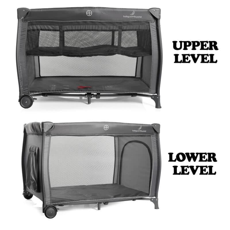 Baby Womb World Standard Camp Cot in grey, showcasing upper and lower levels with mesh panels for ventilation.