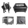 Baby Womb World Standard Camp Cot in grey, showcasing multiple angles, including a foldable design and mesh panels for