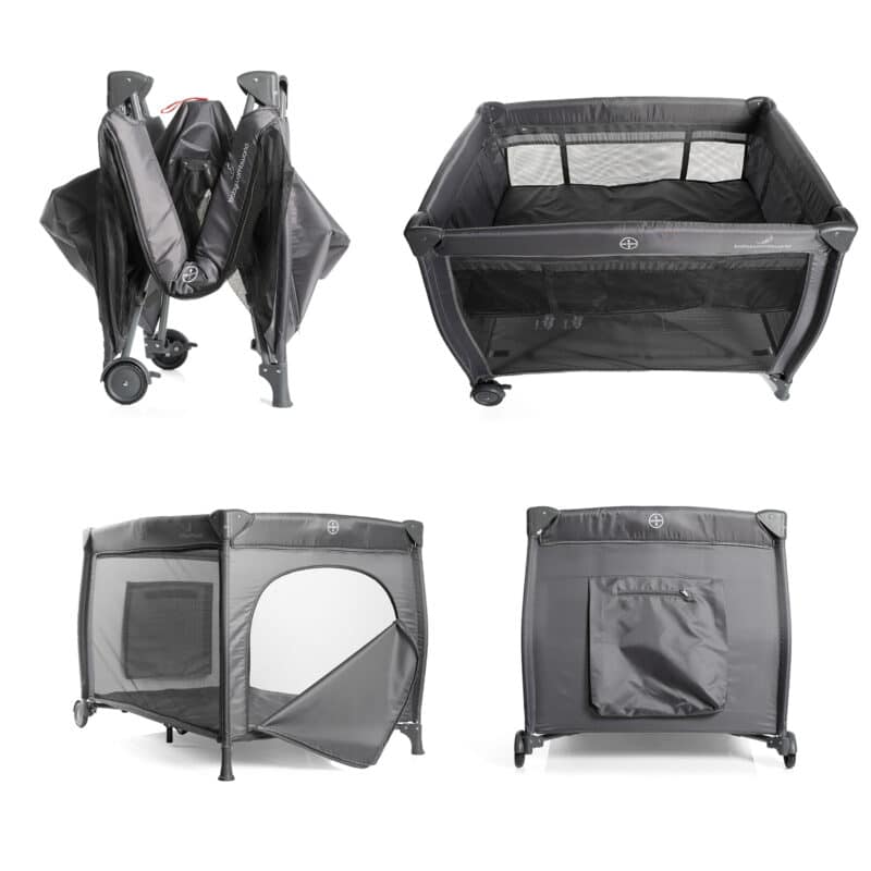 Baby Womb World Standard Camp Cot in grey, showcasing multiple angles, including a foldable design and mesh panels for