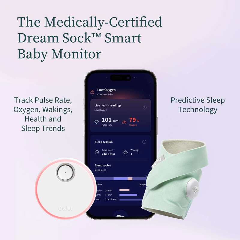Owlet Dream Sock in mint green with a smartphone displaying health data and sleep trends, includes free Owlet Cam 2.