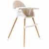Baby Womb World High Chair in beige with wooden legs and a removable tray for easy cleaning.