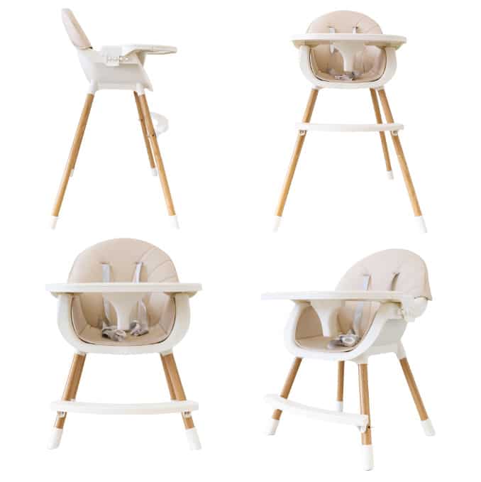 Baby Womb World High Chair in beige with wooden legs, showcasing multiple angles and a comfortable design for infants.
