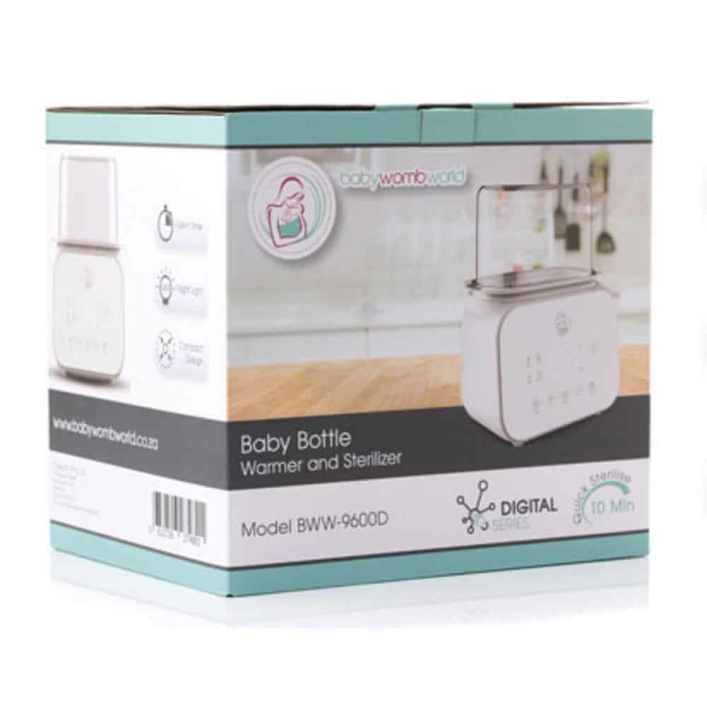 Baby Womb World Steam Sterilizer in a compact white design, featuring a digital display and 10-minute sterilization timer.