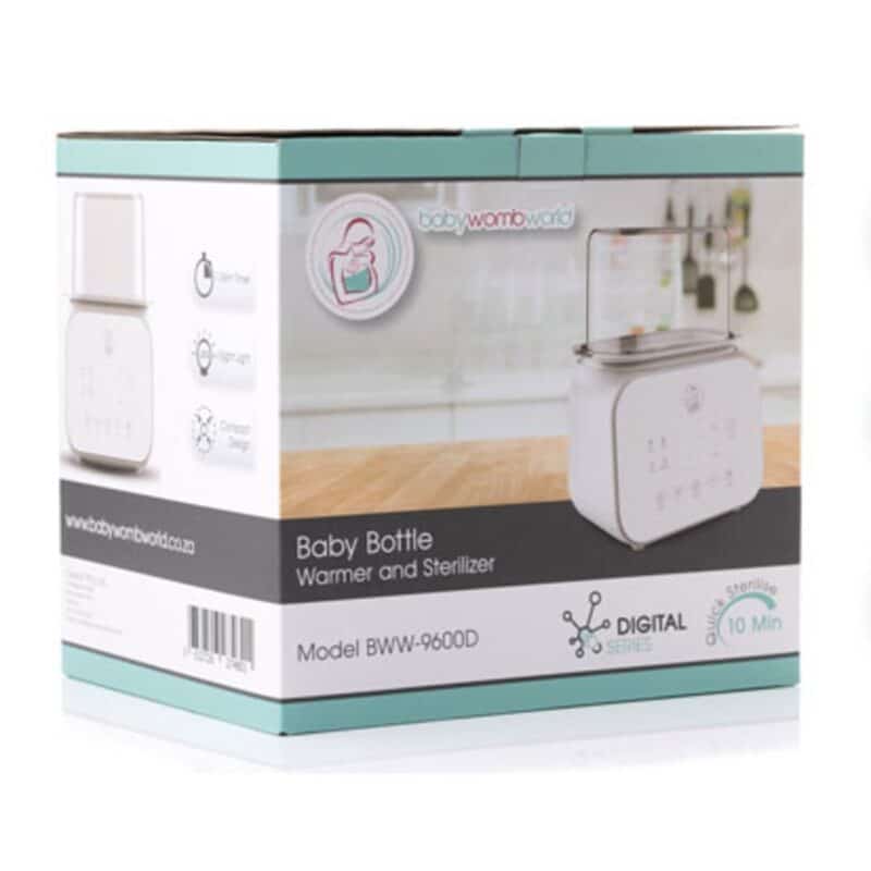Baby Womb World Steam Sterilizer in a compact white design, featuring a digital display and 10-minute sterilization timer.