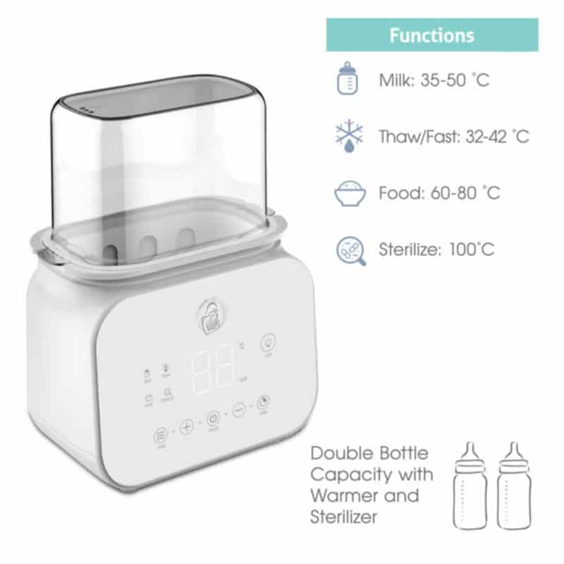 Baby Womb World Steam Sterilizer in white with a transparent lid, showcasing digital controls and bottle capacity features.