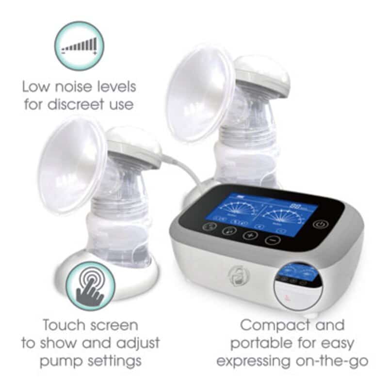 Baby Womb World Double Electric Breast Pump with touch screen, compact design, and low noise for discreet use.