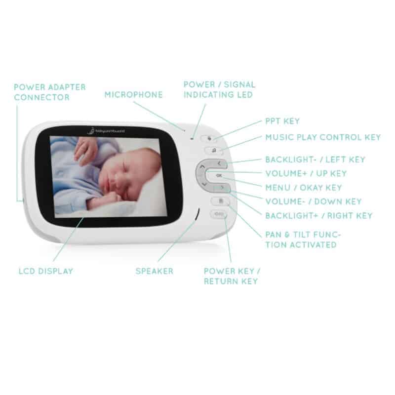 Baby Womb World 802 3.2" Video Baby Monitor with rotating camera, featuring a clear LCD display and control buttons.