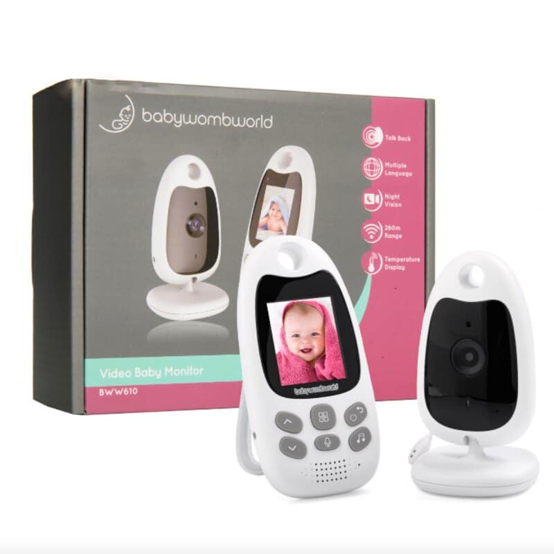 Baby Womb World 2.4" Baby Monitor in white, featuring a video display and camera, with a sleek design and packaging.
