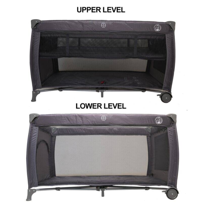 Baby Womb World Extra Length Camp Cot in grey, featuring upper and lower levels for versatile sleeping options.