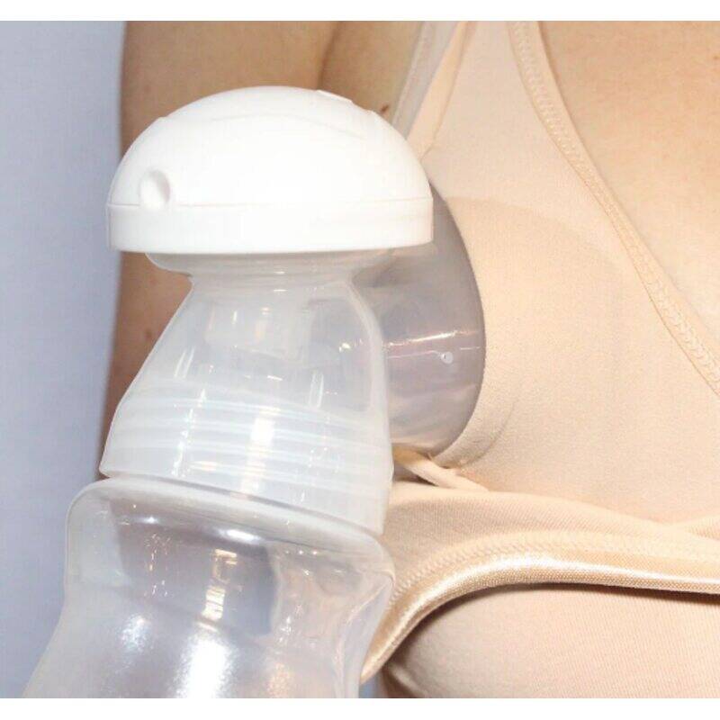 Baby Womb World Hands Free Breast Pump Bra in beige, featuring a clear pump attachment for convenient breastfeeding.