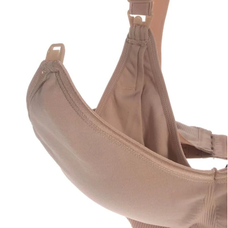 Baby Womb World Hands Free Breast Pump Bra in beige, featuring adjustable straps and a soft, stretchy design for comfort.