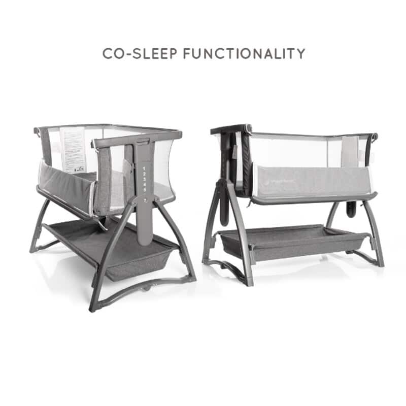 Baby Womb World Premium Bedside Crib Sleeper Cot in gray with mesh sides, featuring co-sleep functionality and a lower
