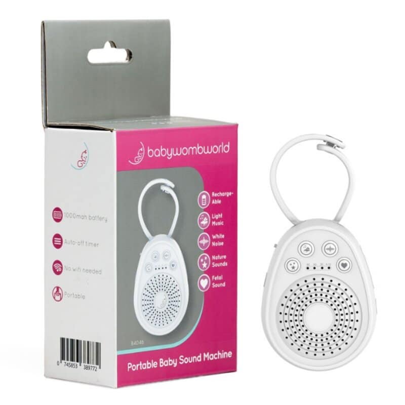 Baby Womb World Sound Machine in white, featuring a portable design with a clip, auto-off timer, and various soothing sounds.