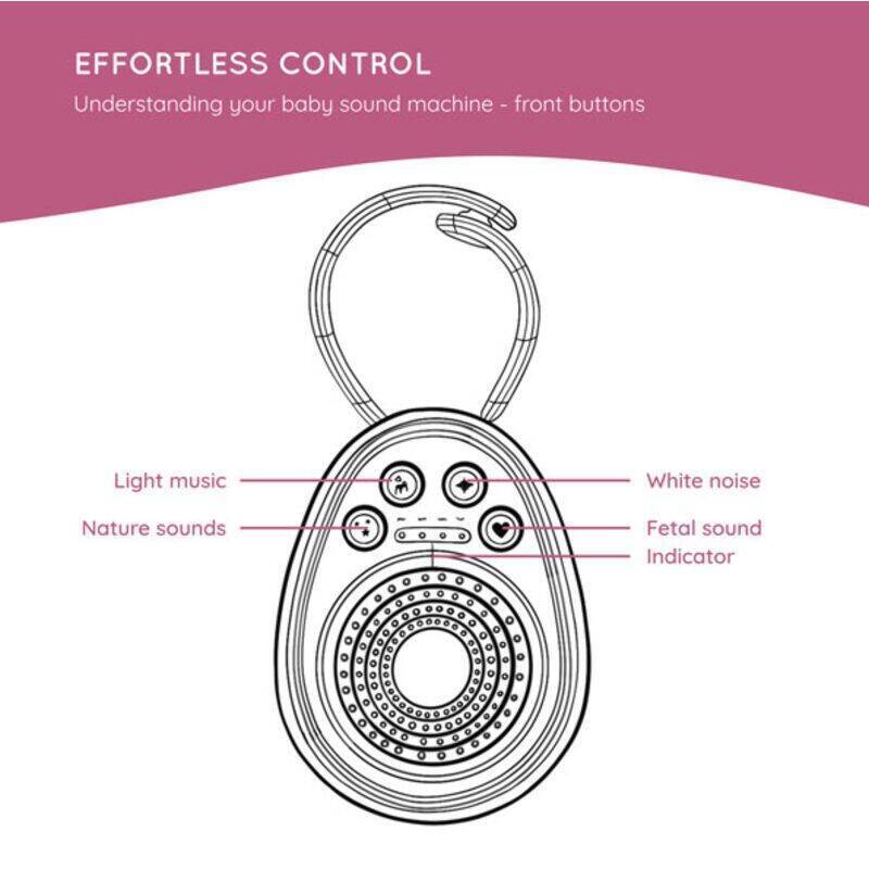 Baby Womb World sound machine front view showing buttons for light music, nature sounds, and fetal sound indicator.